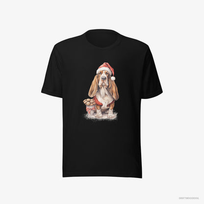 Basset Hound T-Shirt – Men Black T-Shirt Eco-Friendly – With a Sack of Christmas Cookies (on White Background)