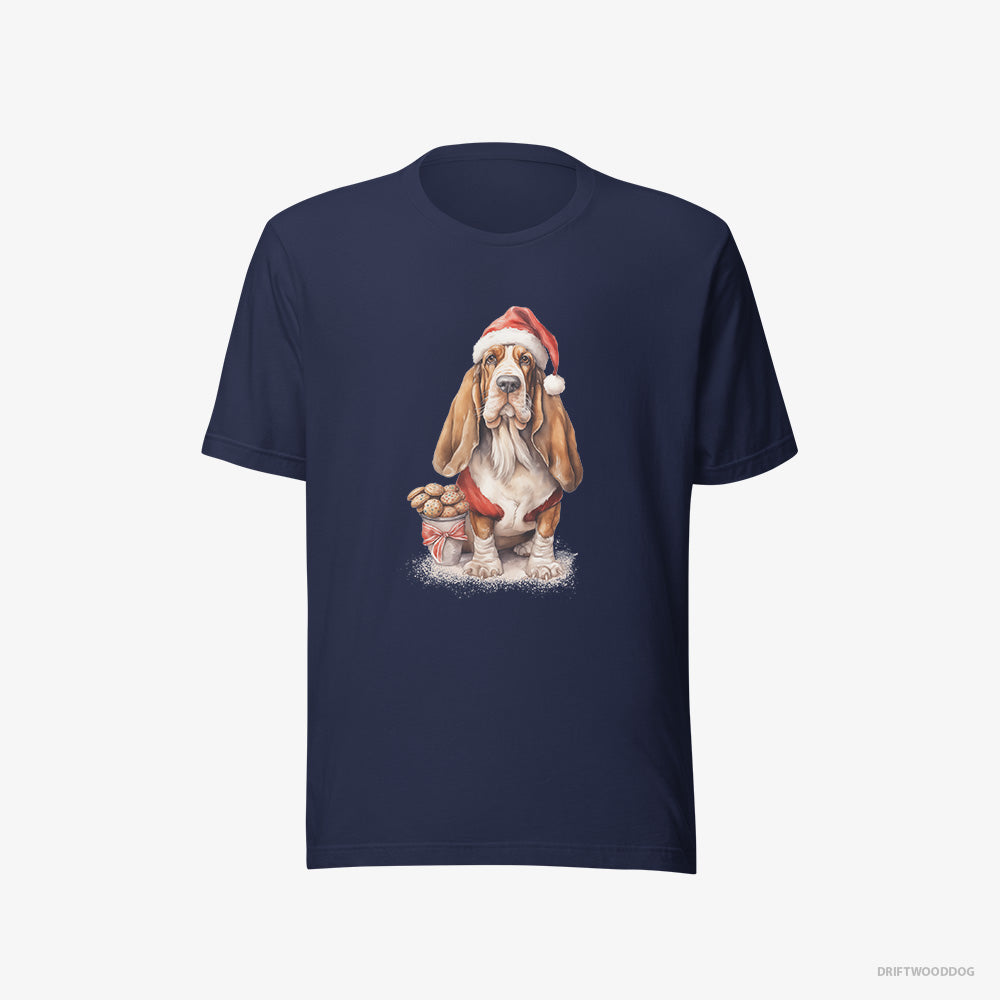 Basset Hound T-Shirt – Women Navy T-Shirt Eco-Friendly – With a Sack of Christmas Cookies (on White Background)