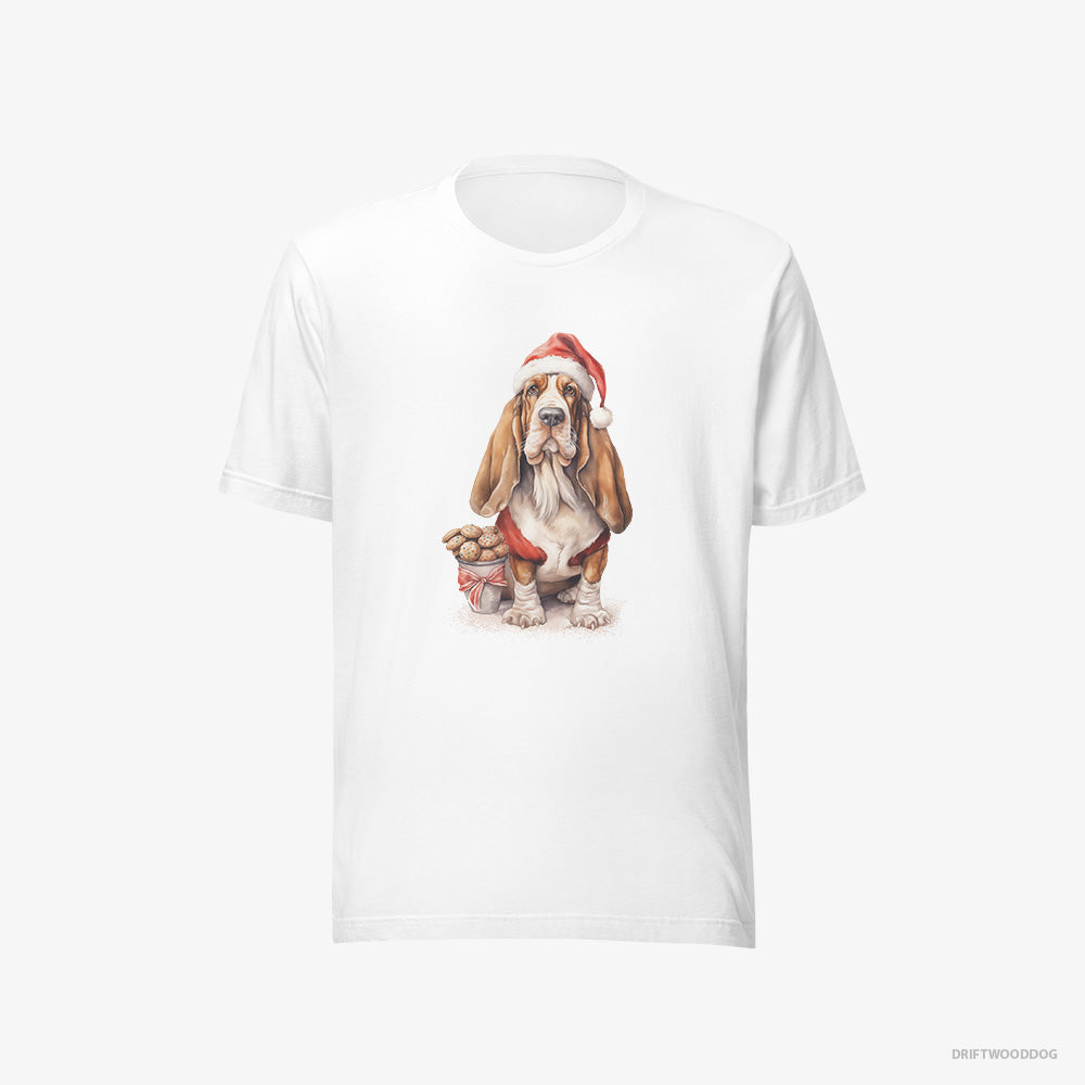 Basset Hound T-Shirt – Men White T-Shirt Eco-Friendly – With a Sack of Christmas Cookies (on White Background)