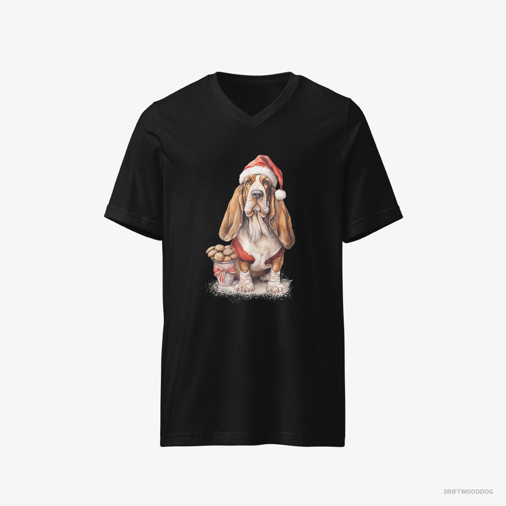 Basset Hound T-Shirt – Men Black T-Shirt V-Neck – With a Sack of Christmas Cookies (on White Background)