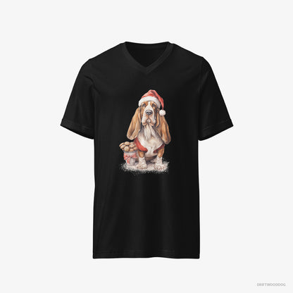 Basset Hound T-Shirt – Men Black T-Shirt V-Neck – With a Sack of Christmas Cookies (on White Background)