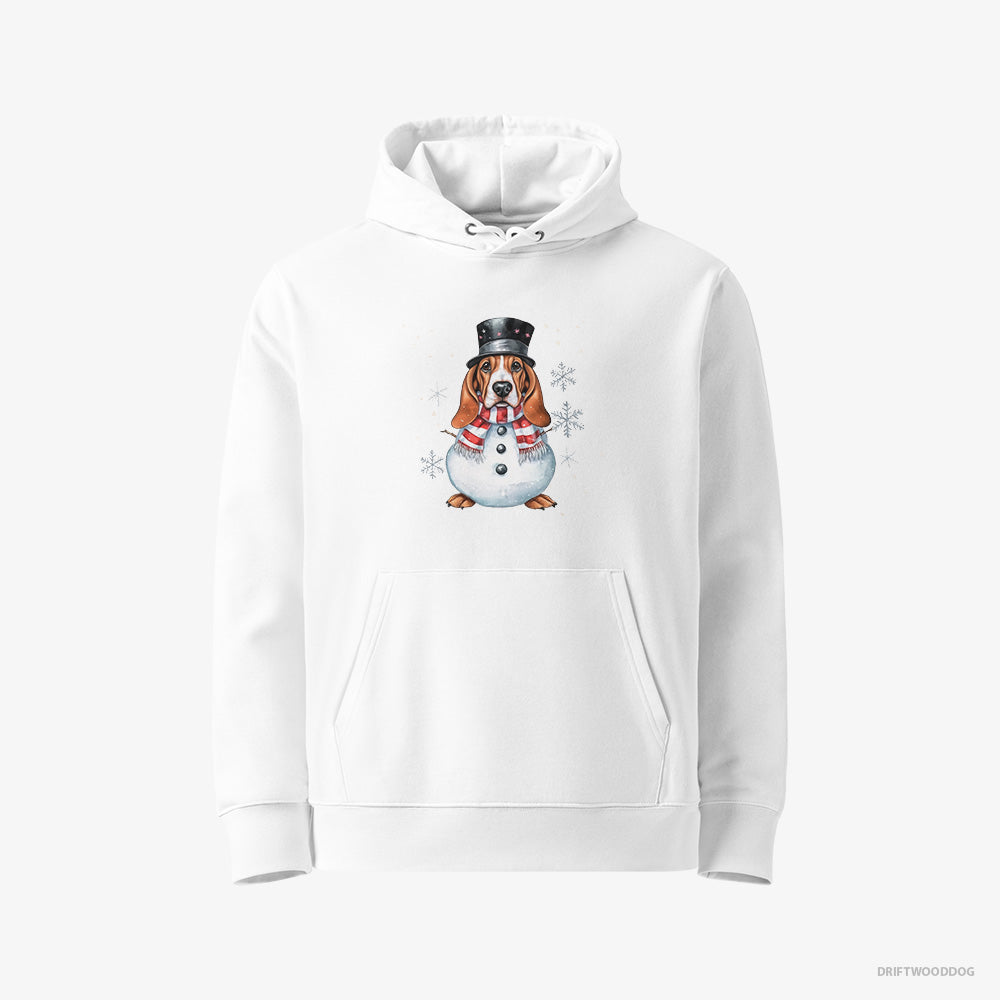 Basset Hound Hoodie – Women White Hoodie Eco-Friendly – as a Snowman (on White Background)