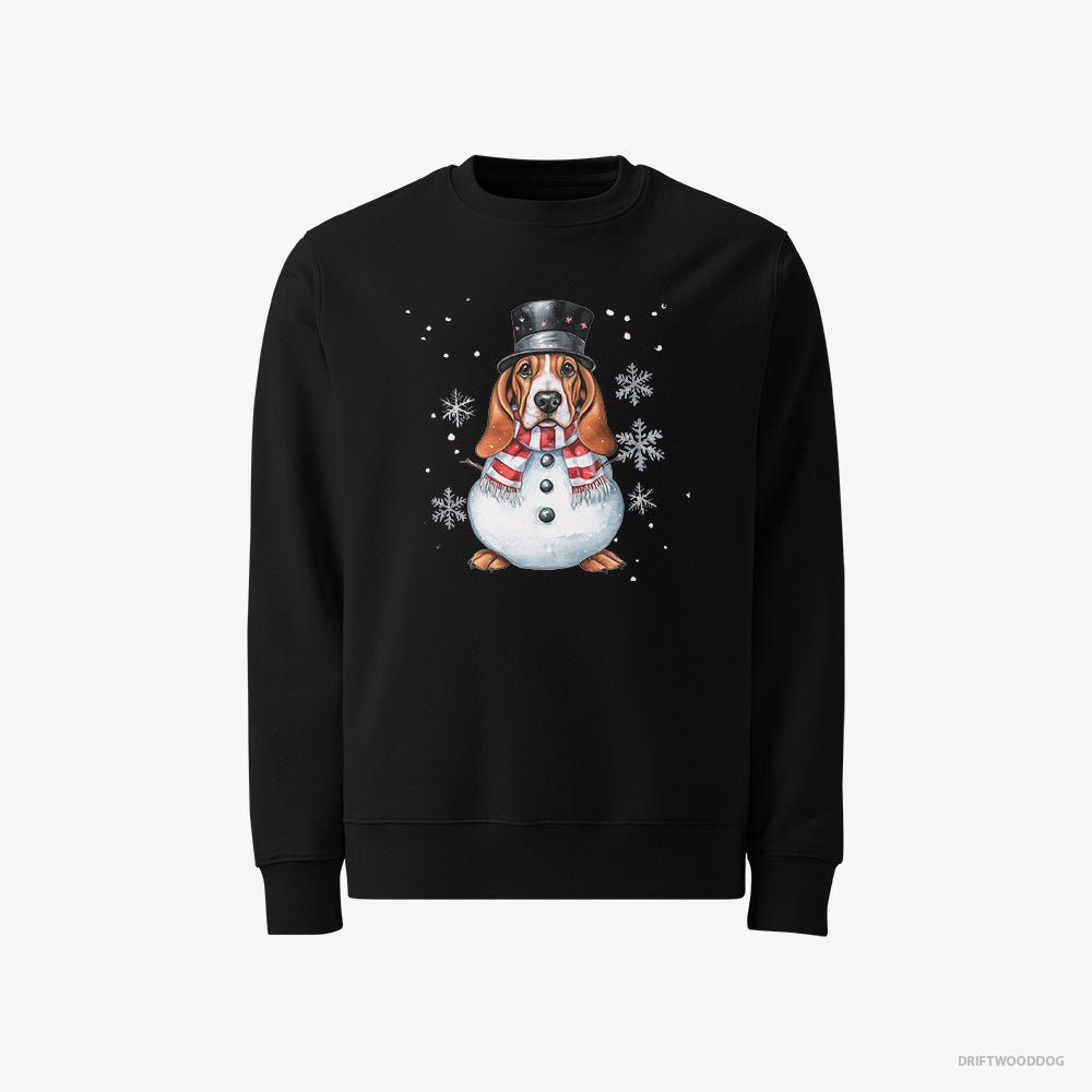 Basset Hound Sweatshirt – Men Black Sweatshirt Classic – as a Snowman (on White Background)