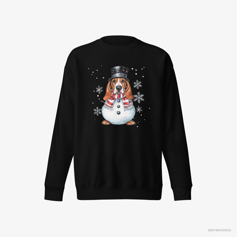 Basset Hound Sweatshirt – Women Black Sweatshirt Eco-Friendly – as a Snowman (on White Background)