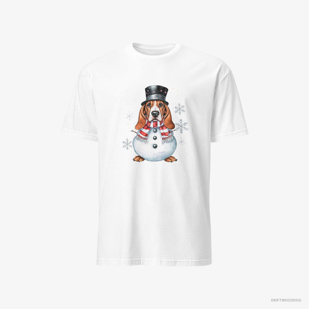 Basset Hound T-Shirt – Men White T-Shirt Classic – as a Snowman (on White Background)