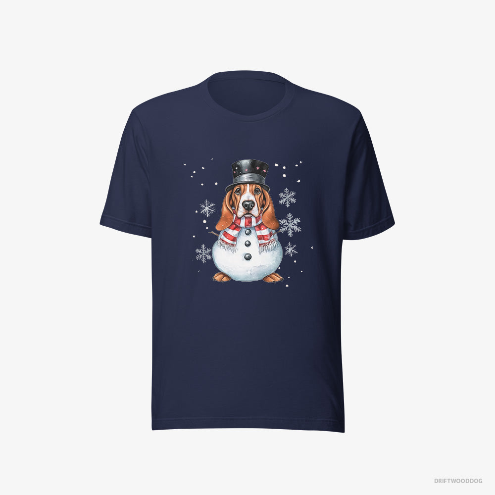 Basset Hound T-Shirt – Women Navy T-Shirt Eco-Friendly – as a Snowman (on White Background)