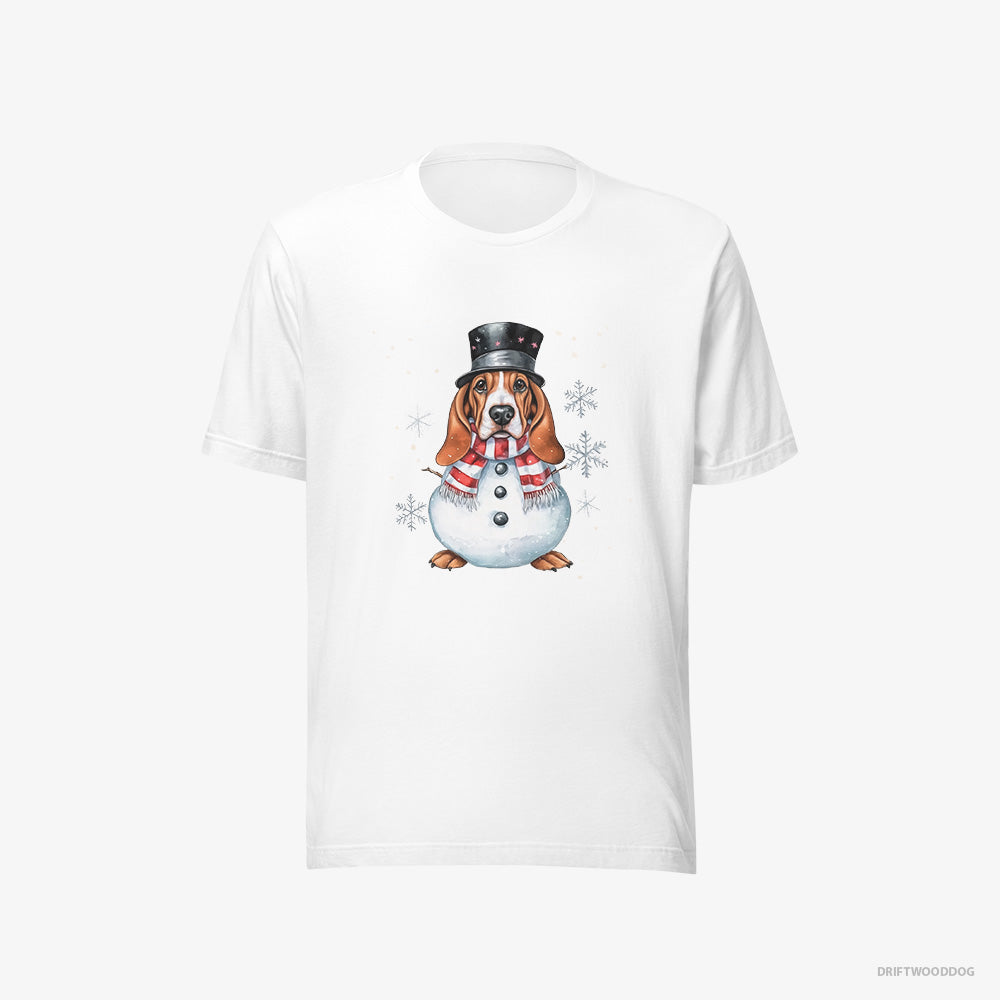 Basset Hound T-Shirt – Men White T-Shirt Eco-Friendly – as a Snowman (on White Background)