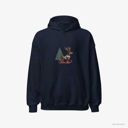 Dobermann Skiing with Reindeer Antlers Navy Hoodie