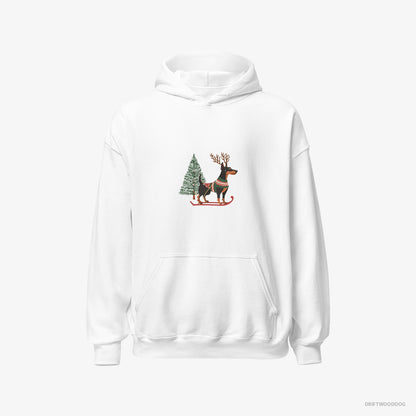 Dobermann Hoodie – Men White Hoodie Classic – Skiing with Reindeer Antlers (on White Background)