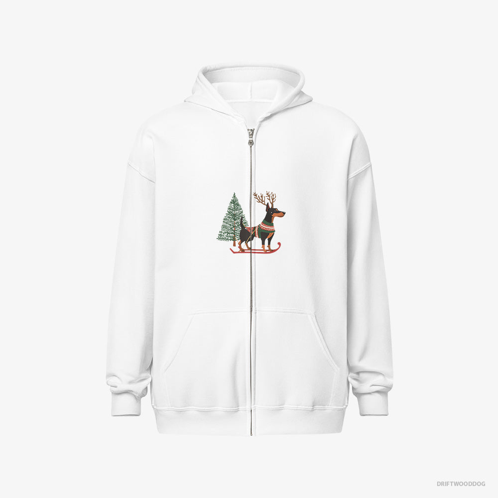 Dobermann Hoodie – Men White Hoodie Full-Zip – Skiing with Reindeer Antlers (on White Background)