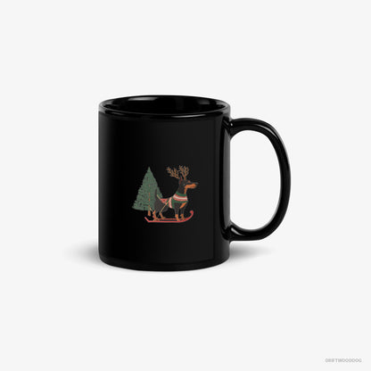 Dobermann Mug – Unisex Black Mug Classic – Skiing with Reindeer Antlers (on White Background)