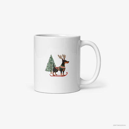 Dobermann Skiing with Reindeer Antlers White Mug