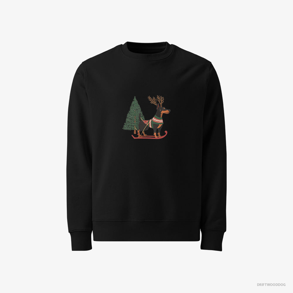 Dobermann Sweatshirt – Men Black Sweatshirt Classic – Skiing with Reindeer Antlers (on White Background)