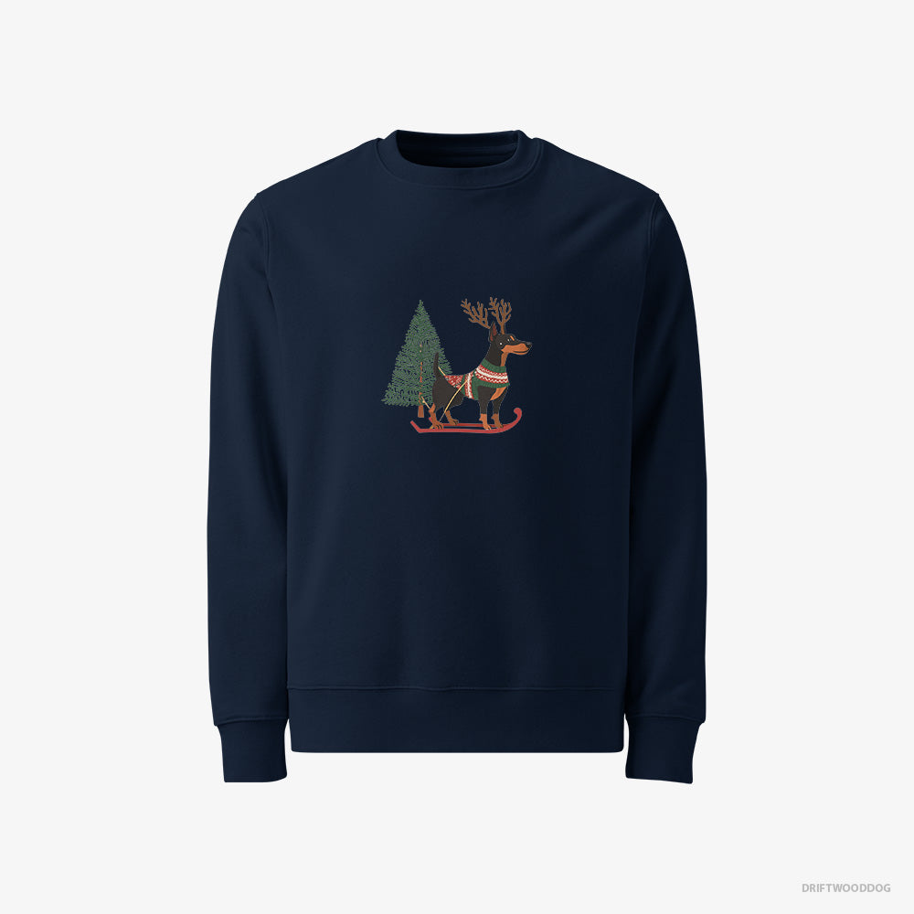 Dobermann Sweatshirt – Men Navy Sweatshirt Classic – Skiing with Reindeer Antlers (on White Background)