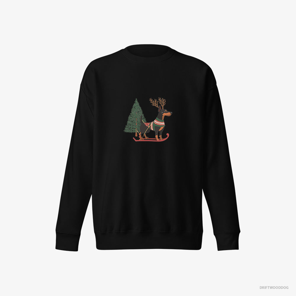 Dobermann Sweatshirt – Women Black Sweatshirt Eco-Friendly – Skiing with Reindeer Antlers (on White Background)