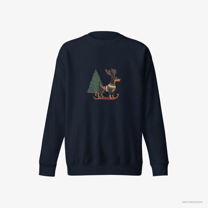 Dobermann Sweatshirt – Men Navy Sweatshirt Eco-Friendly – Skiing with Reindeer Antlers (on White Background)