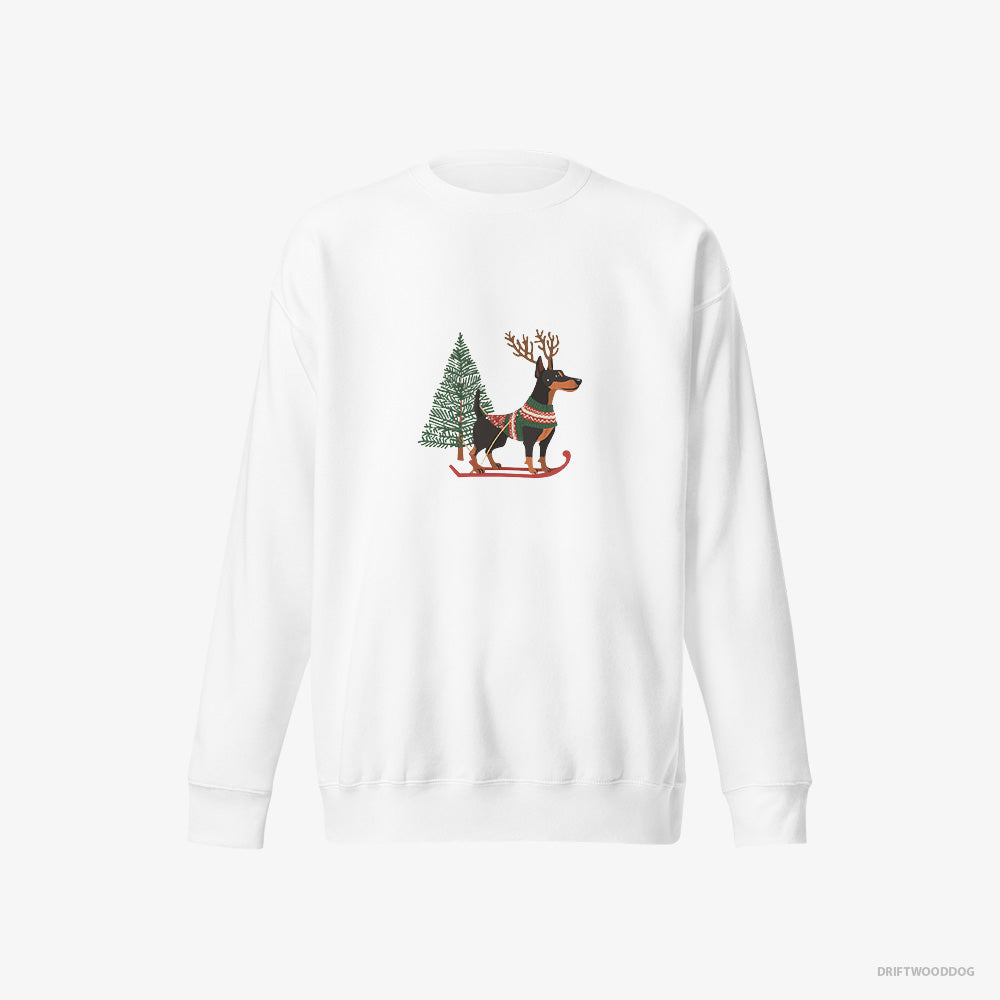 Dobermann Sweatshirt – Men White Sweatshirt Eco-Friendly – Skiing with Reindeer Antlers (on White Background)