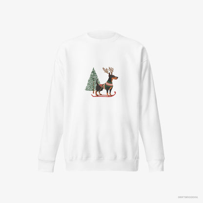 Dobermann Skiing with Reindeer Antlers White Sweatshirt