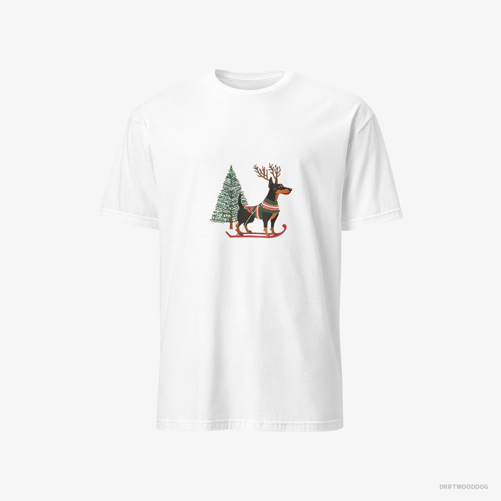 Dobermann T-Shirt – Men White T-Shirt Classic – Skiing with Reindeer Antlers (on White Background)