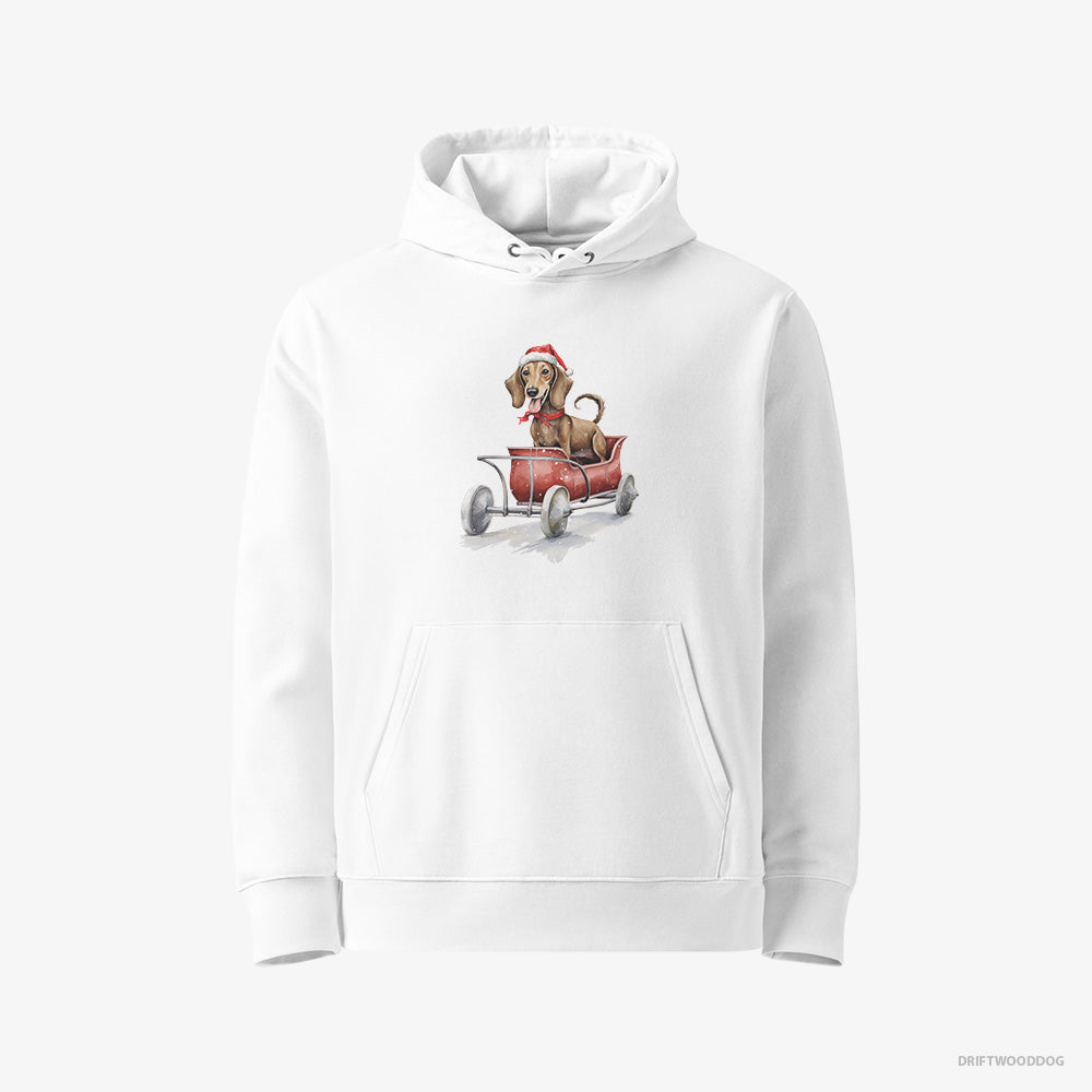 Dachshund Hoodie – Women White Hoodie Eco-Friendly – Riding in a Christmas Sleigh (on White Background)