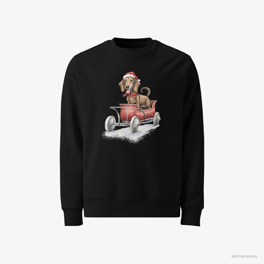 Dachshund Sweatshirt – Men Black Sweatshirt Classic – Riding in a Christmas Sleigh (on White Background)