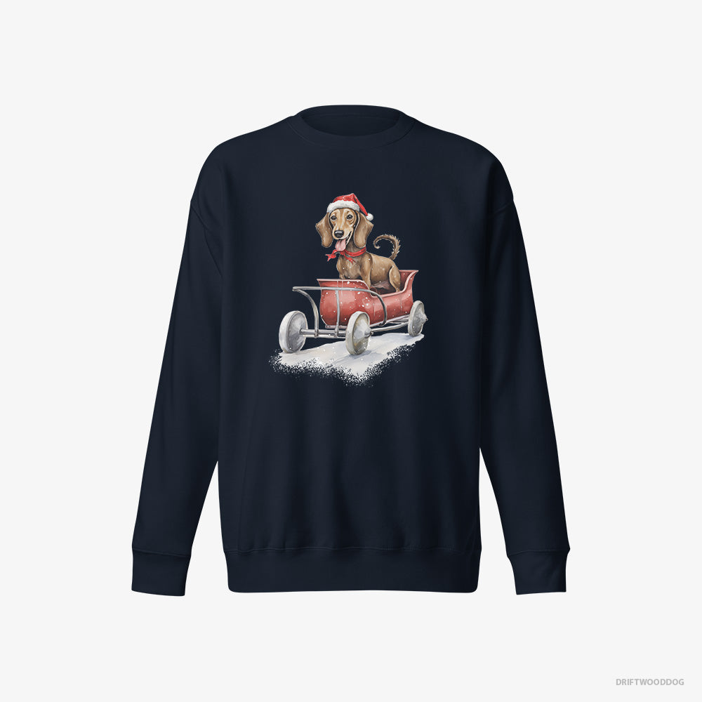 Dachshund Sweatshirt – Men Navy Sweatshirt Eco-Friendly – Riding in a Christmas Sleigh (on White Background)