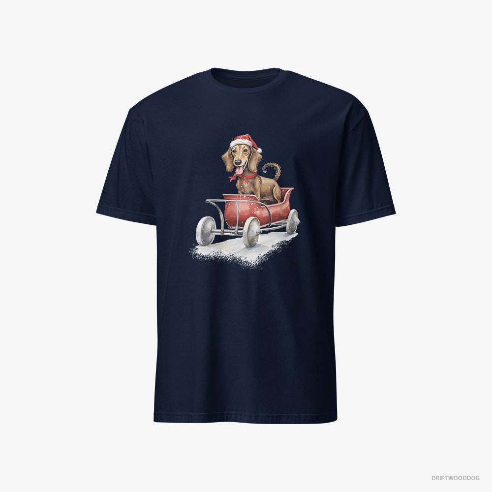 Dachshund T-Shirt – Men Navy T-Shirt Classic – Riding in a Christmas Sleigh (on White Background)