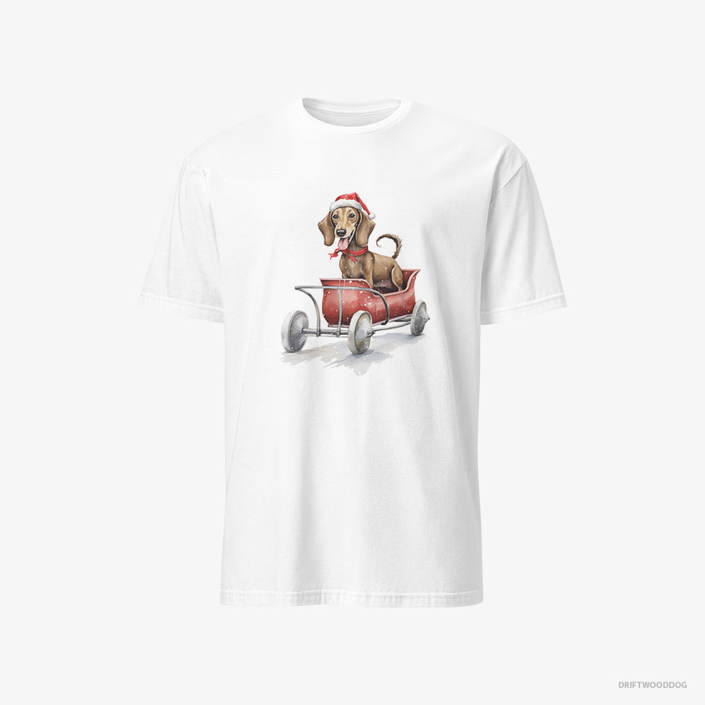 Dachshund T-Shirt – Women White T-Shirt Classic – Riding in a Christmas Sleigh (on White Background)