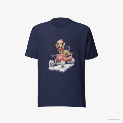 Dachshund T-Shirt – Men Navy T-Shirt Eco-Friendly – Riding in a Christmas Sleigh (on White Background)