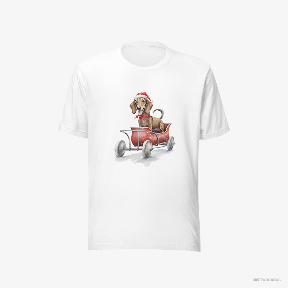 Dachshund T-Shirt – Women White T-Shirt Eco-Friendly – Riding in a Christmas Sleigh (on White Background)