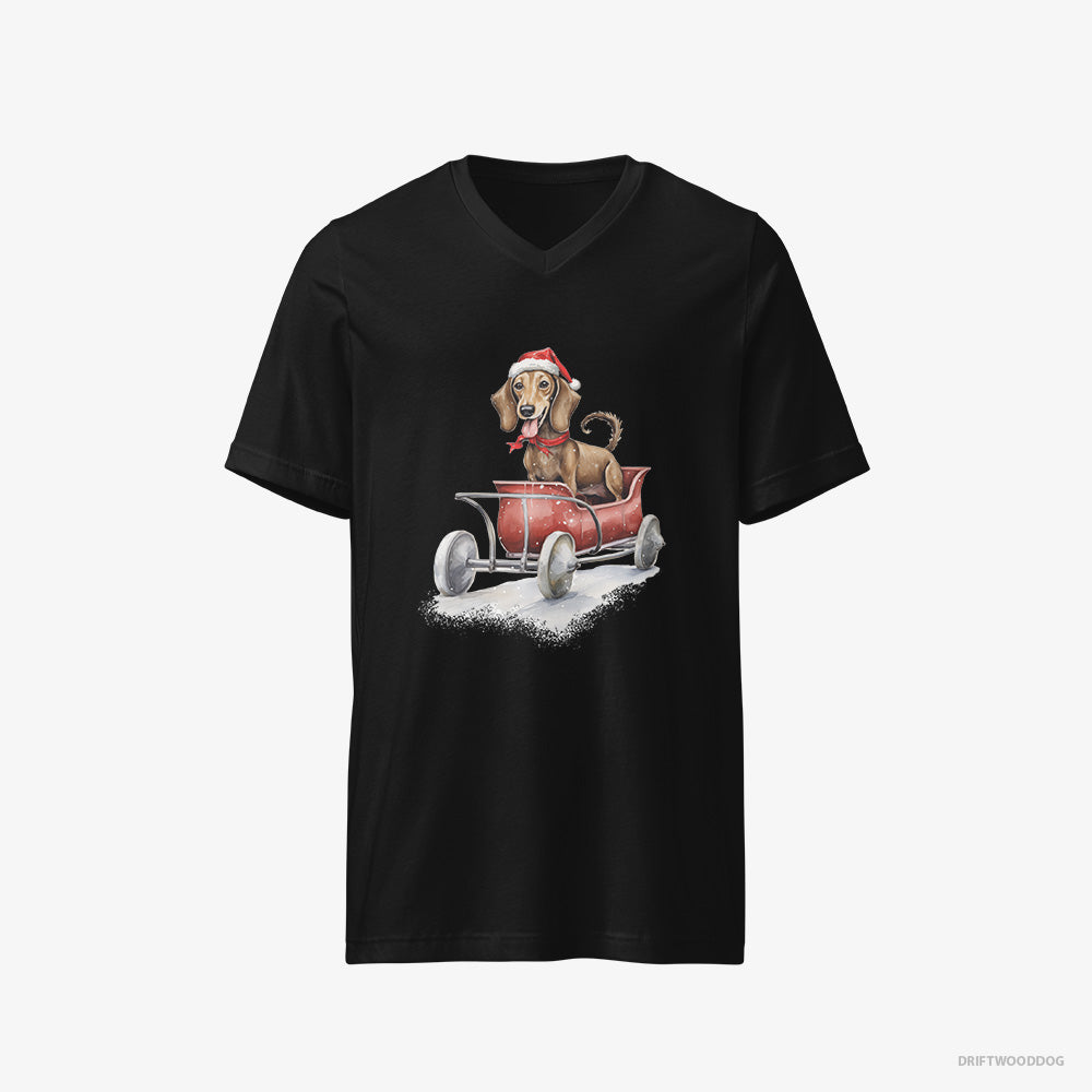 Dachshund T-Shirt – Men Black T-Shirt V-Neck – Riding in a Christmas Sleigh (on White Background)