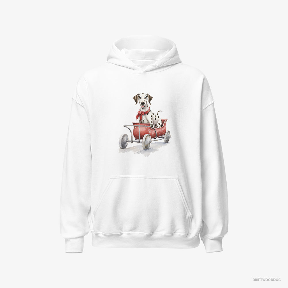 Dalmatian Hoodie – Men White Hoodie Classic – Sledding in a Christmas Sleigh (on White Background)