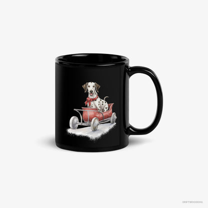 Dalmatian Mug – Unisex Black Mug Classic – Sledding in a Christmas Sleigh (on White Background)