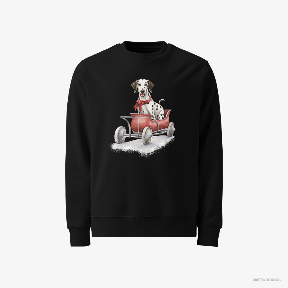 Dalmatian Sweatshirt – Men Black Sweatshirt Classic – Sledding in a Christmas Sleigh (on White Background)