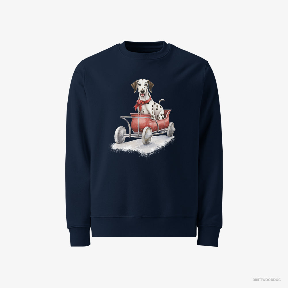 Dalmatian Sweatshirt – Men Navy Sweatshirt Classic – Sledding in a Christmas Sleigh (on White Background)