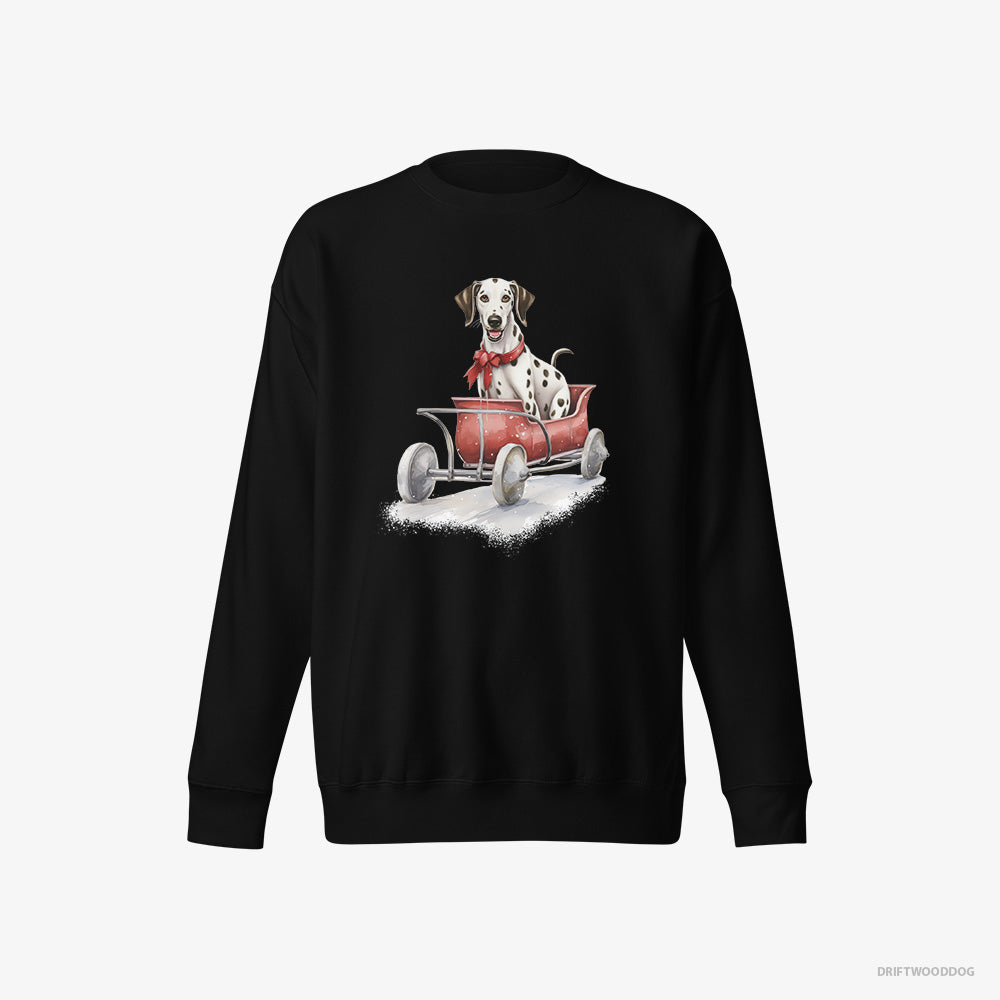 Dalmatian Sweatshirt – Women Black Sweatshirt Eco-Friendly – Sledding in a Christmas Sleigh (on White Background)