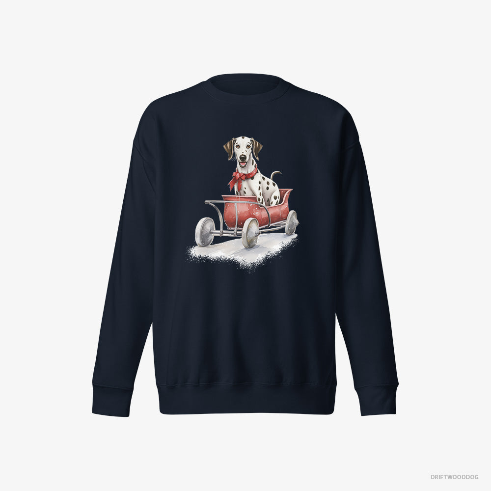 Dalmatian Sweatshirt – Men Navy Sweatshirt Eco-Friendly – Sledding in a Christmas Sleigh (on White Background)