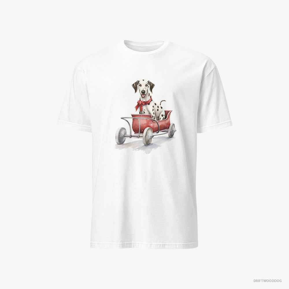 Dalmatian T-Shirt – Men White T-Shirt Classic – Sledding in a Christmas Sleigh (on White Background)