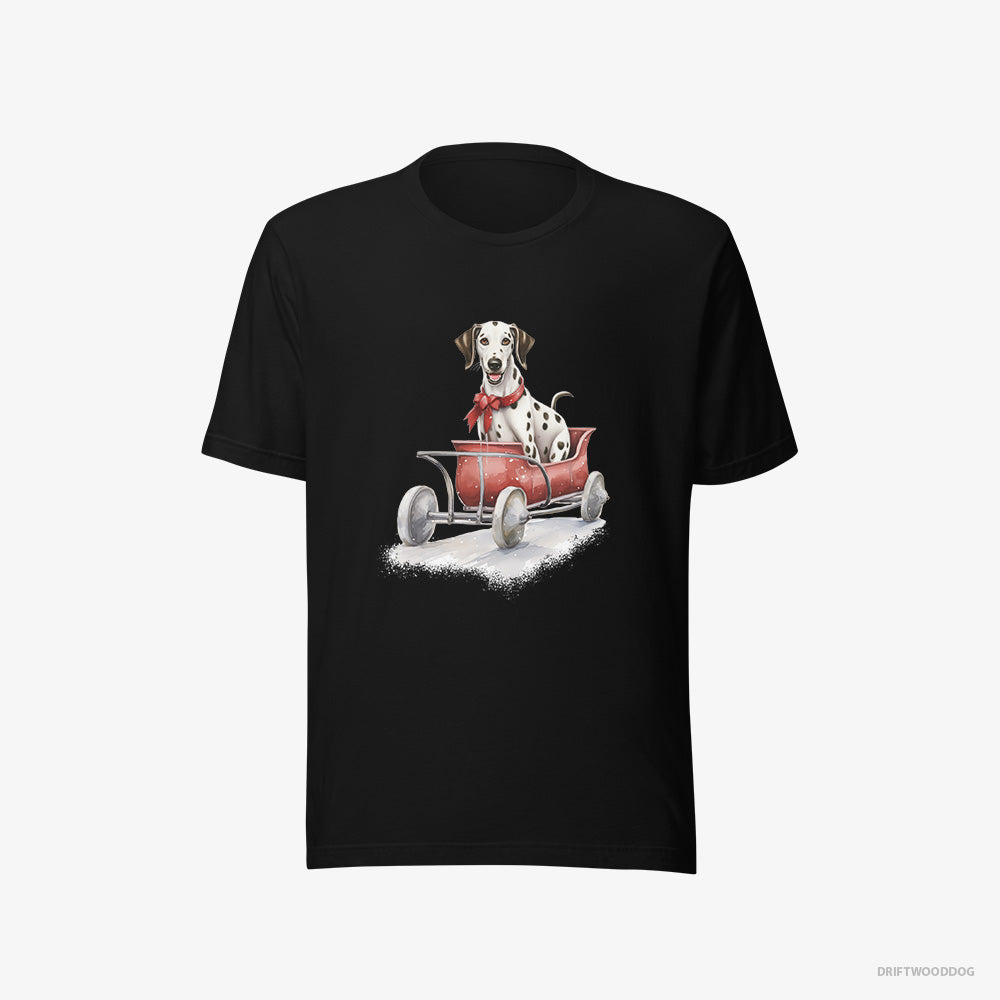 Dalmatian T-Shirt – Men Black T-Shirt Eco-Friendly – Sledding in a Christmas Sleigh (on White Background)