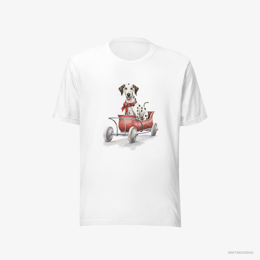 Dalmatian T-Shirt – Men White T-Shirt Eco-Friendly – Sledding in a Christmas Sleigh (on White Background)