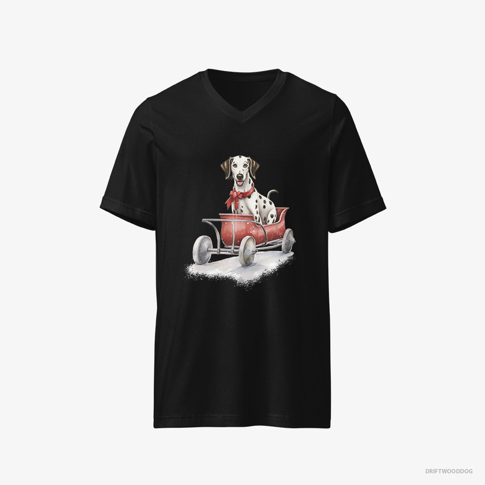 Dalmatian T-Shirt – Women Black T-Shirt V-Neck – Sledding in a Christmas Sleigh (on White Background)