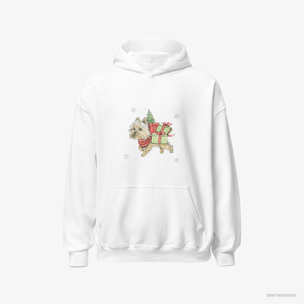 Yorkshire Terrier Hoodie – Men White Hoodie Classic – in a Christmas Run Delivering Gifts (on White Background)