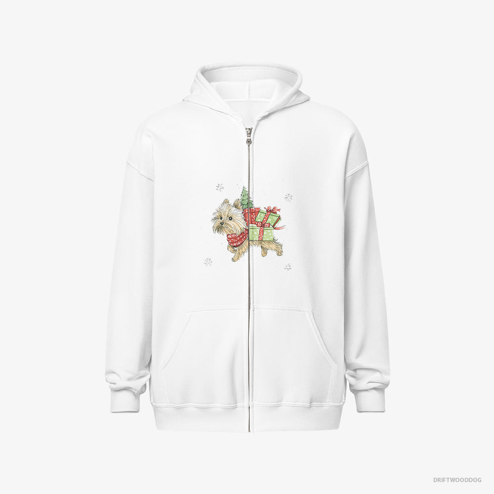 Yorkshire Terrier Hoodie – Men White Hoodie Full-Zip – in a Christmas Run Delivering Gifts (on White Background)