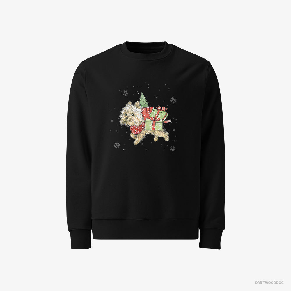 Yorkshire Terrier Sweatshirt – Men Black Sweatshirt Classic – in a Christmas Run Delivering Gifts (on White Background)