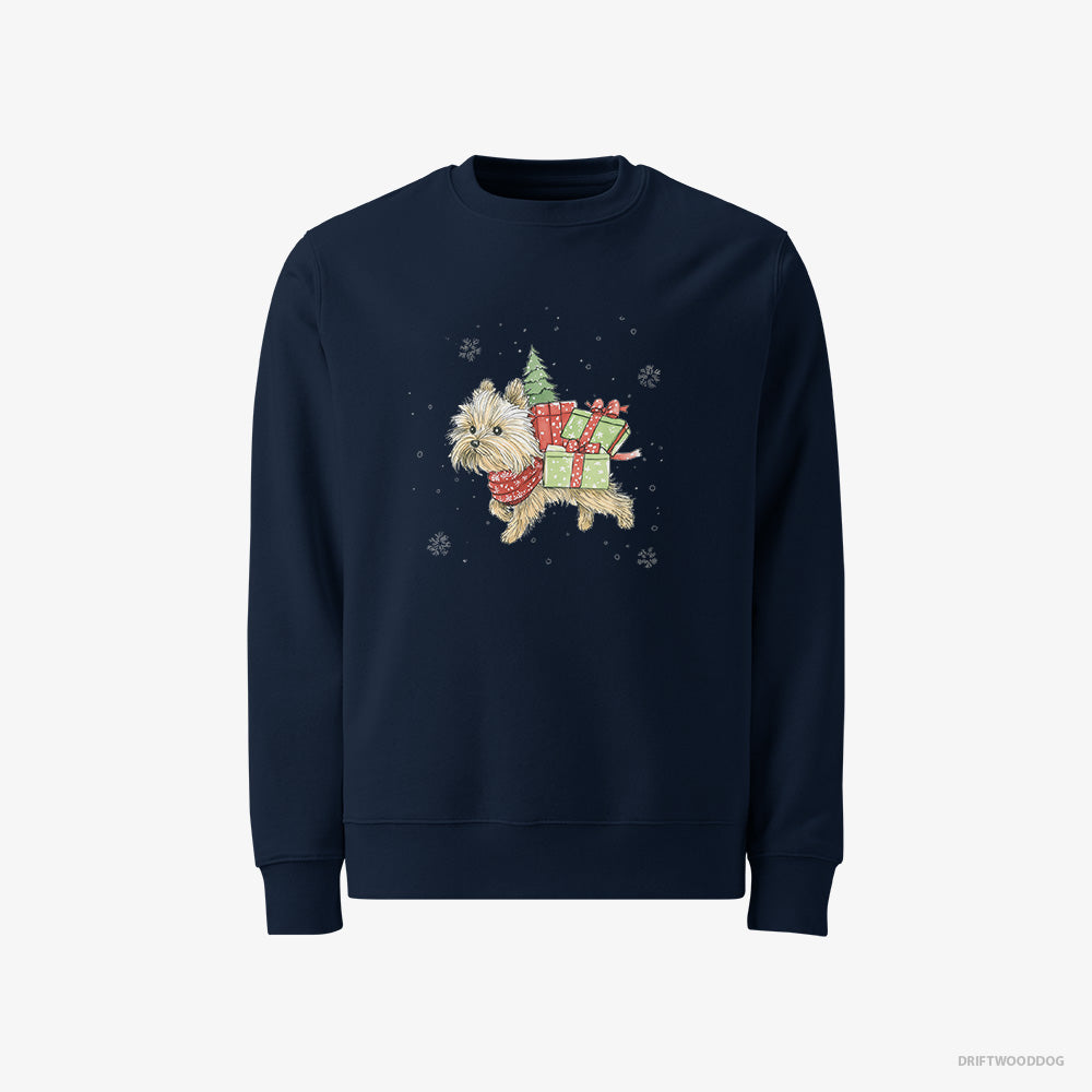 Yorkshire Terrier Sweatshirt – Men Navy Sweatshirt Classic – in a Christmas Run Delivering Gifts (on White Background)