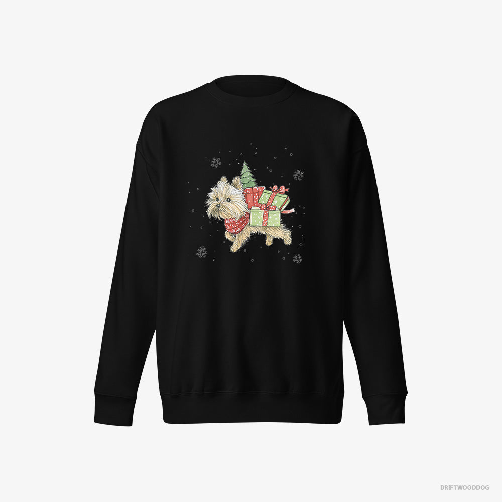 Yorkshire Terrier Sweatshirt – Women Black Sweatshirt Eco-Friendly – in a Christmas Run Delivering Gifts (on White Background)