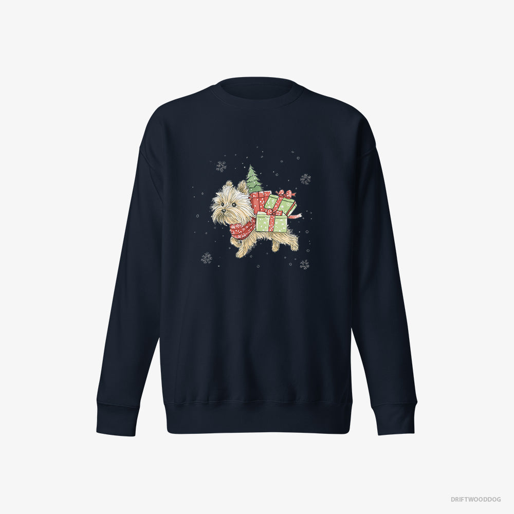 Yorkshire Terrier Sweatshirt – Men Navy Sweatshirt Eco-Friendly – in a Christmas Run Delivering Gifts (on White Background)