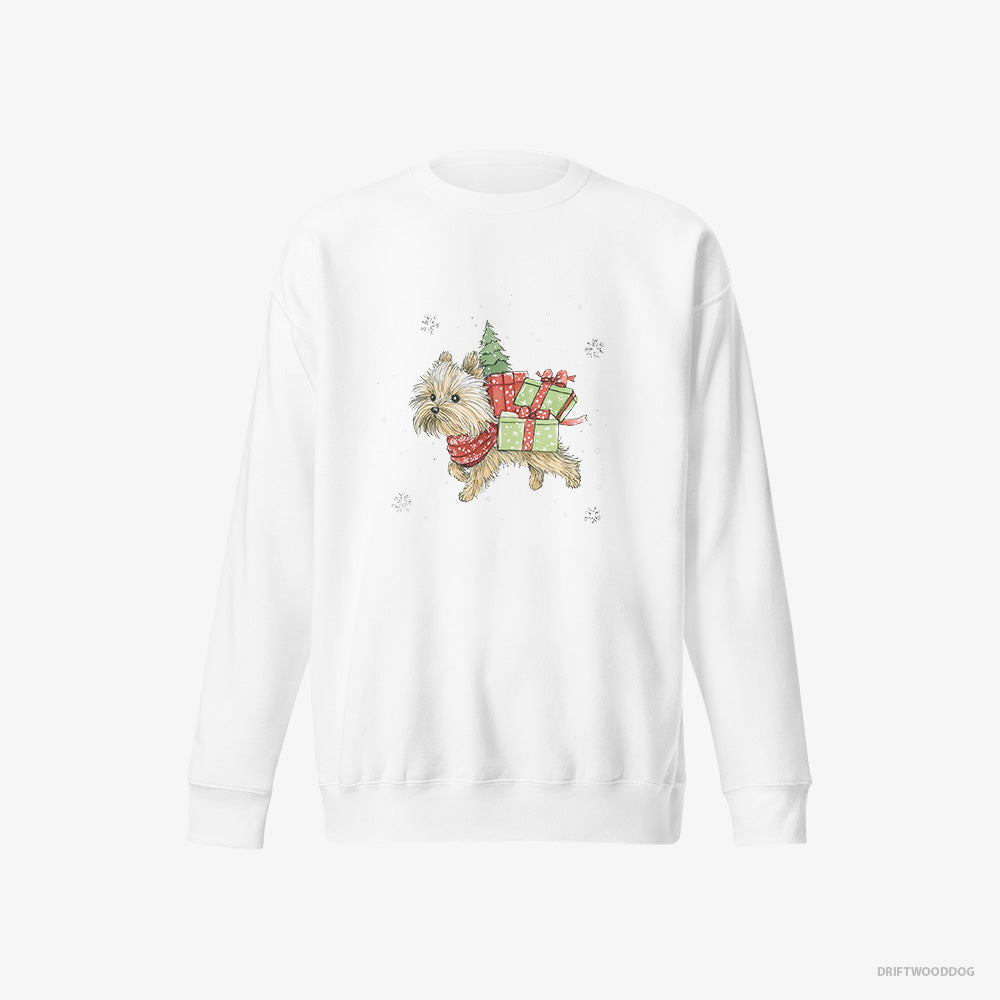 Yorkshire Terrier Sweatshirt – Men White Sweatshirt Eco-Friendly – in a Christmas Run Delivering Gifts (on White Background)