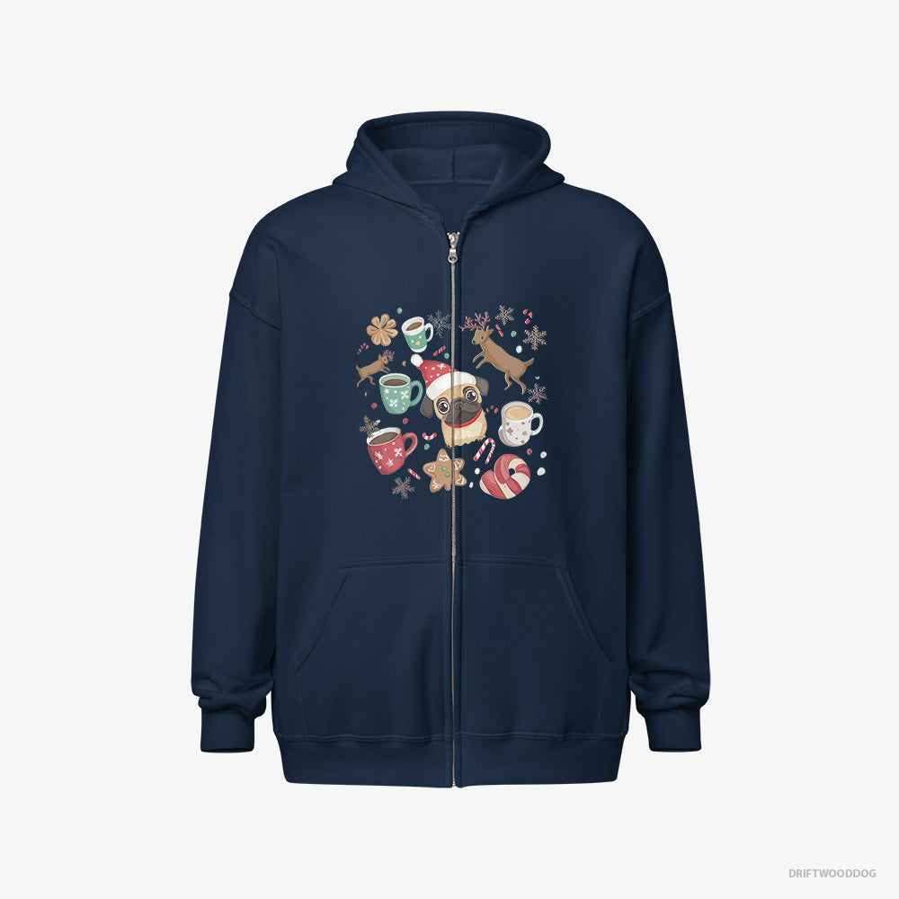 Pug Hoodie – Men Navy Hoodie Full-Zip – in a Merry Christmas Atmosphere (on White Background)