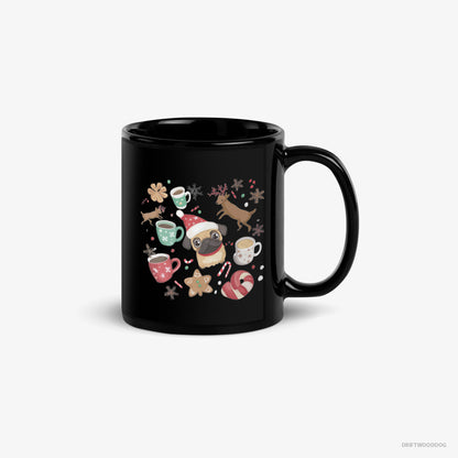 Pug Mug – Unisex Black Mug Classic – in a Merry Christmas Atmosphere (on White Background)